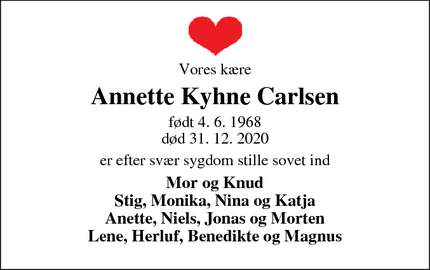 Dødsannoncen for Annette Kyhne Carlsen - Skjern