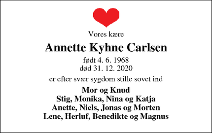 Dødsannoncen for Annette Kyhne Carlsen - Skjern