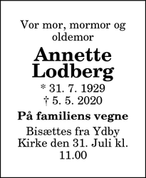Dødsannoncen for Annette Lodberg - Hurup Thy