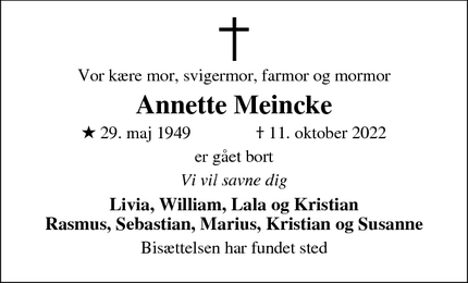 Dødsannoncen for Annette Meincke - 3540 Lynge