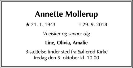 Dødsannoncen for Annette Mollerup - Søllerød