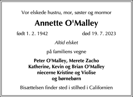 Dødsannoncen for Annette O'Malley - København K