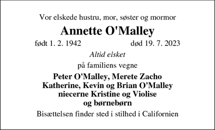 Dødsannoncen for Annette O'Malley - København K