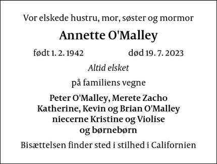 Dødsannoncen for Annette O'Malley - København K