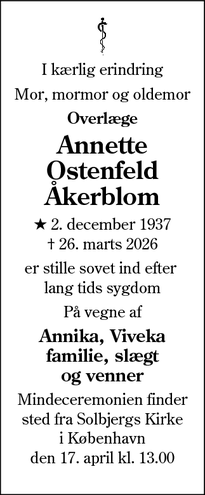 Dødsannoncen for Annette Ostenfeld
&Aring;kerblom - Kungsör