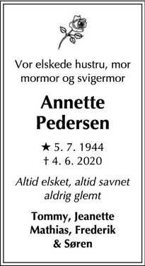 Dødsannoncen for Annette Pedersen - Klampenborg