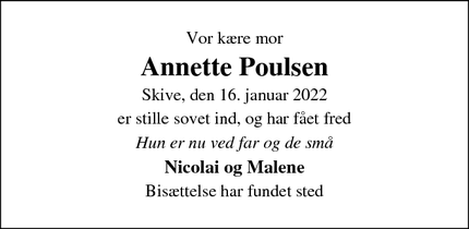 Dødsannoncen for Annette Poulsen - Skive