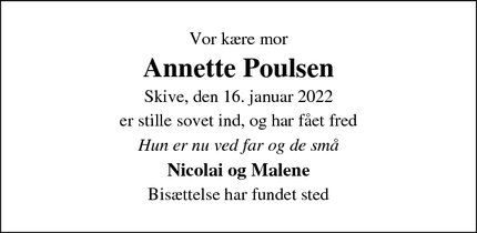 Dødsannoncen for Annette Poulsen - Skive
