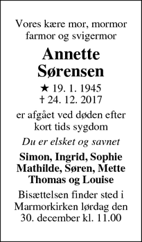 Dødsannoncen for Annette Sørensen - København
