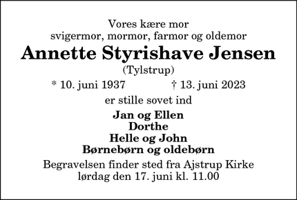 Dødsannoncen for Annette Styrishave Jensen - Tylstrup