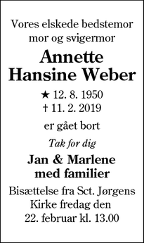 Dødsannoncen for Annette
Hansine Weber - Aabenraa