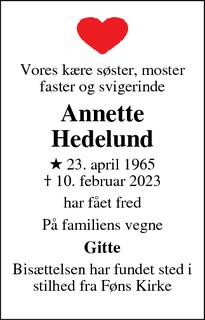 Dødsannoncen for Annette
Hedelund - Sønder Stenderup