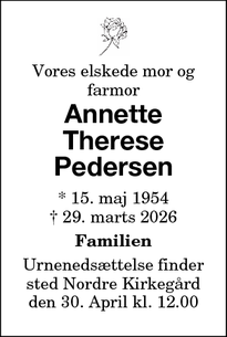 Dødsannoncen for Annette
Therese
Pedersen - sakskøbing