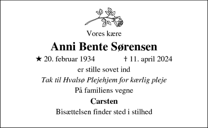 Dødsannoncen for Anni Bente Sørensen - Hvalsø