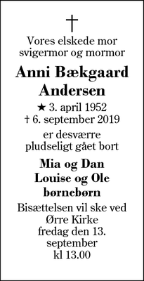 Dødsannoncen for Anni Bækgaard Andersen - Ørre