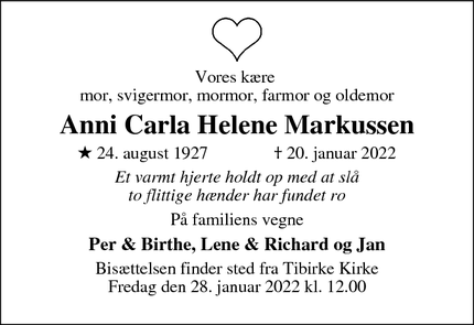 Dødsannoncen for Anni Carla Helene Markussen - Lejre