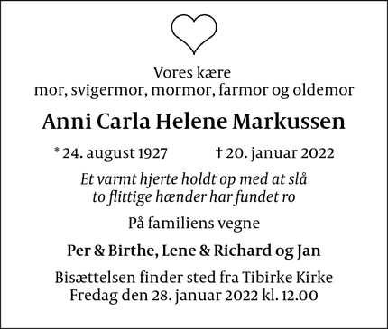 Dødsannoncen for Anni Carla Helene Markussen - Lejre