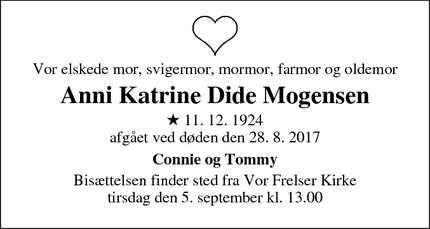 Dødsannoncen for Anni Katrine Dide Mogensen - Odense