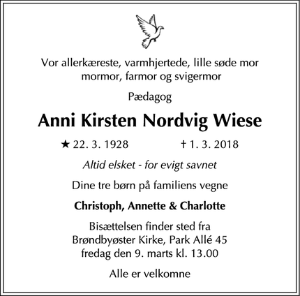 Dødsannoncen for Anni Kirsten Nordvig Wiese - Brøndbyvester