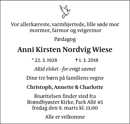 Dødsannoncen for Anni Kirsten Nordvig Wiese - Brøndbyvester