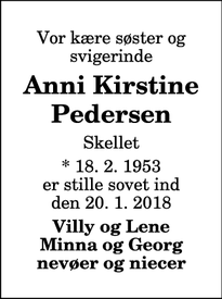 Dødsannoncen for Anni Kirstine Pedersen - Østervrå