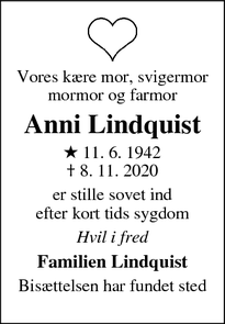 Dødsannoncen for Anni Lindquist - Nordby
