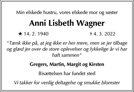 Dødsannoncen for Anni Lisbeth Wagner - 2720 Vanløse