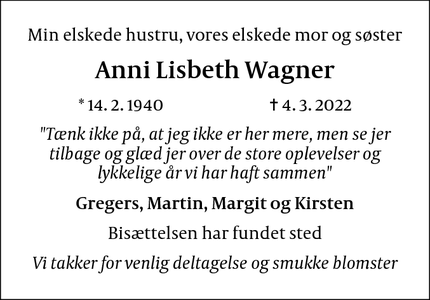 Dødsannoncen for Anni Lisbeth Wagner - 2720 Vanløse