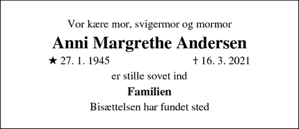 Dødsannoncen for Anni Margrethe Andersen - Roskilde