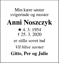 Dødsannoncen for Anni Noszczyk - Horsens