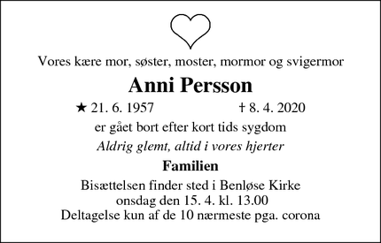 Dødsannoncen for Anni Persson - Ringsted