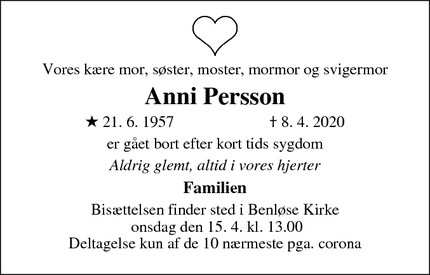 Dødsannoncen for Anni Persson - Ringsted 