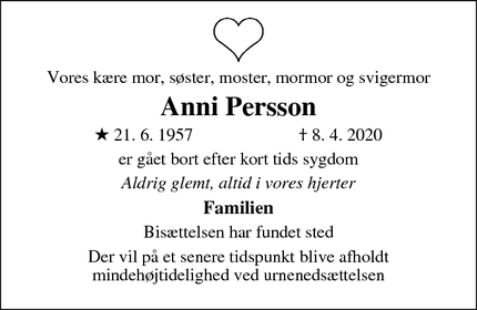 Dødsannoncen for Anni Persson - Ringsted 