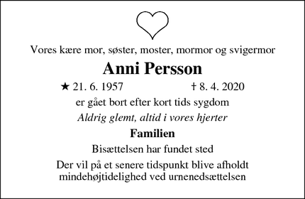 Dødsannoncen for Anni Persson - Ringsted