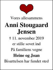 Dødsannoncen for Anni Stougaard Jensen - Ebeltoft