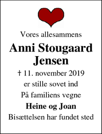 Dødsannoncen for Anni Stougaard Jensen - Ebeltoft