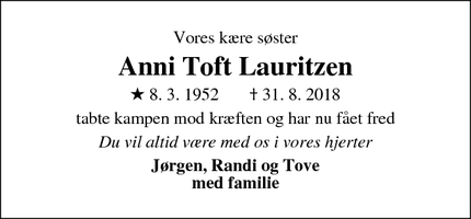 Dødsannoncen for Anni Toft Lauritzen - Holstebro