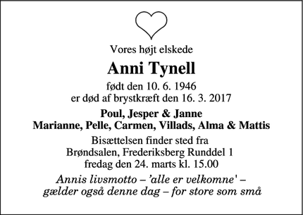 Dødsannoncen for Anni Tynell - Rødovre