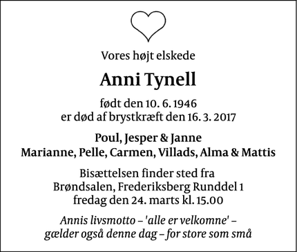 Dødsannoncen for Anni Tynell - Rødovre