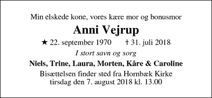 Dødsannoncen for Anni Vejrup - Hornbæk