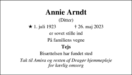 Dødsannoncen for Annie Arndt - Dragør