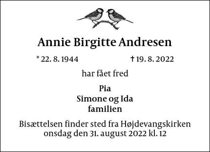 Dødsannoncen for Annie Birgitte Andresen - København S