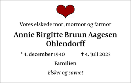 Dødsannoncen for Annie Birgitte Bruun Aagesen
Ohlendorff - Hellerup
