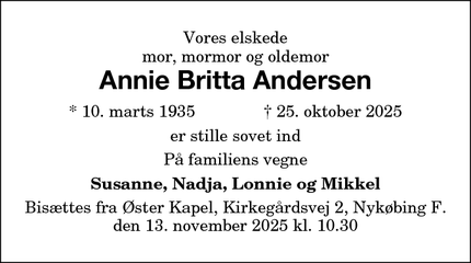 Dødsannoncen for Annie Britta Andersen - Nakskov
