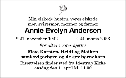 Dødsannoncen for Annie Evelyn Andersen - Nykøbing Falster