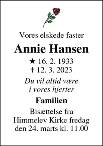 Dødsannoncen for Annie Hansen - Roskilde