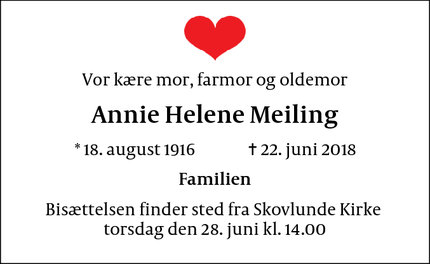 Dødsannoncen for Annie Helene Meiling - København NV