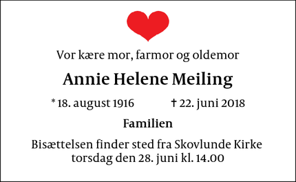 Dødsannoncen for Annie Helene Meiling - København NV