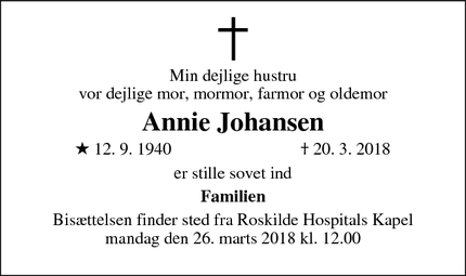 Dødsannoncen for Annie Johansen - Jyllinge