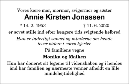 Dødsannoncen for Annie Kirsten Jonassen - Nykøbing